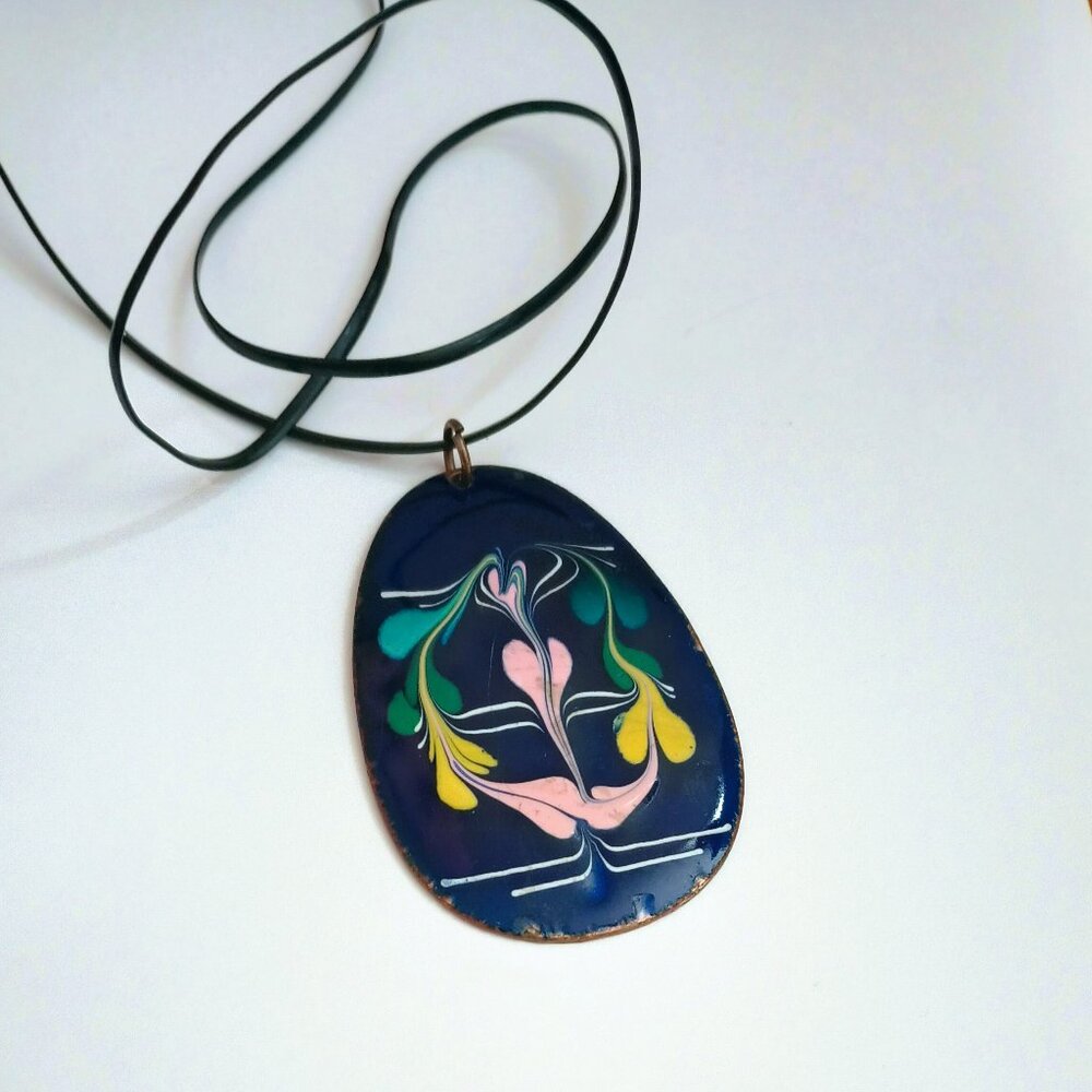 Handmade Enamel Copper Pendant Necklace 28" Vtg Floral Double Sided Teardrop